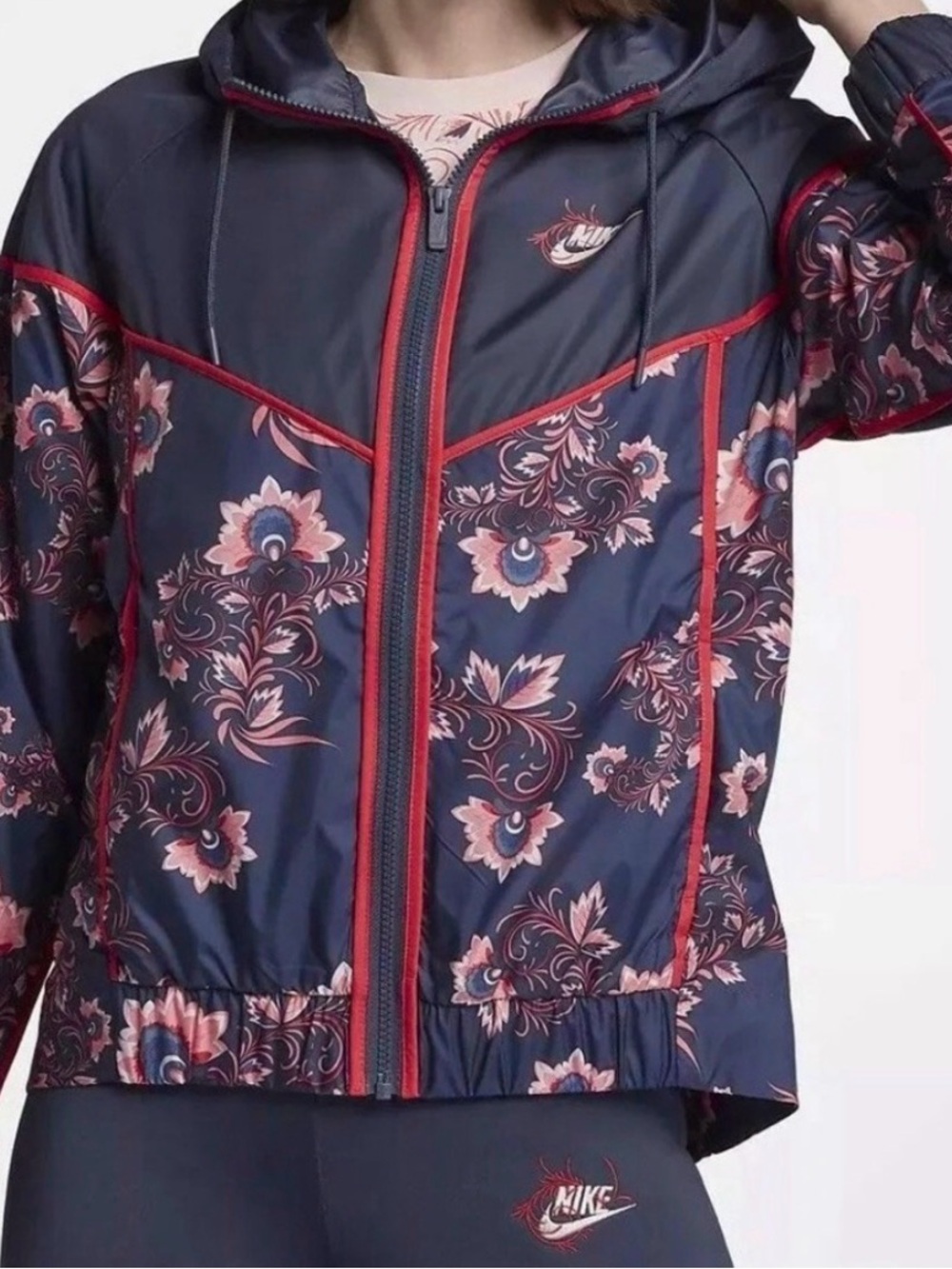 Nike Navy Floral Hooded Bomber Jacket with Red Trim